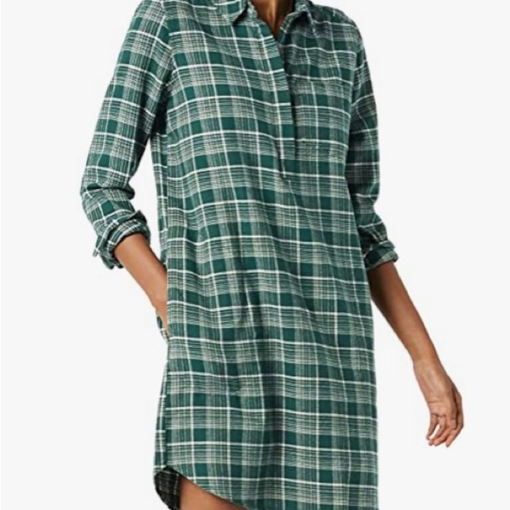 Goodthreads Green and White Plaid Long Sleeve Shirt Dress